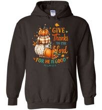 Load image into Gallery viewer, Christian Fall Hoodie Give Thanks To The Lord Psalm 136.1 brown