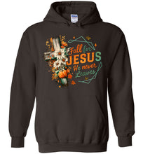Load image into Gallery viewer, Christian Fall Hoodie Fall For Jesus He Never Leaves brown