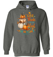 Load image into Gallery viewer, Christian Fall Hoodie Give Thanks To The Lord Psalm 136.1 dark grey