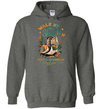 Load image into Gallery viewer, Christian Fall Hoodie Walk By Faith Cowgirl Boot Design dark heather
