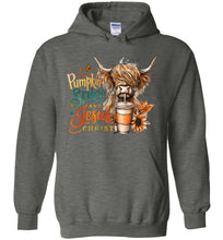 Load image into Gallery viewer, Christian Fall Hoodie, Pumpkin Spice And Jesus Christ Highland Cow Hoodie grey