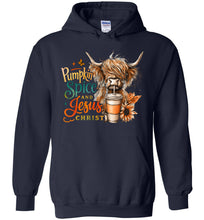 Load image into Gallery viewer, Christian Fall Hoodie, Pumpkin Spice And Jesus Christ Highland Cow Hoodie navy