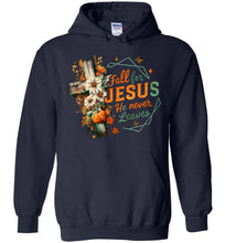 Load image into Gallery viewer, Christian Fall Hoodie Fall For Jesus He Never Leaves navy