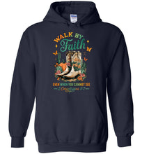Load image into Gallery viewer, Christian Fall Hoodie Walk By Faith Cowgirl Boot Design navy

