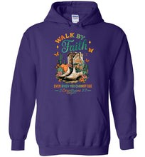 Load image into Gallery viewer, Christian Fall Hoodie Walk By Faith Cowgirl Boot Design purple