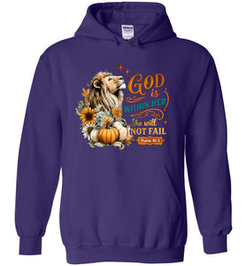 Christian Fall Hoodie God Within Her She Will Not Fall Psalm 46:5 purple