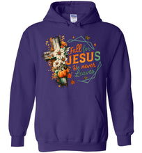 Load image into Gallery viewer, Christian Fall Hoodie Fall For Jesus He Never Leaves purple