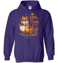 Load image into Gallery viewer, Christian Fall Hoodie Give Thanks To The Lord Psalm 136.1 purple