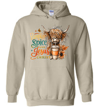 Load image into Gallery viewer, Christian Fall Hoodie, Pumpkin Spice And Jesus Christ Highland Cow Hoodie sand