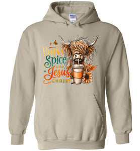 Christian Fall Hoodie, Pumpkin Spice And Jesus Christ Highland Cow Hoodie sand