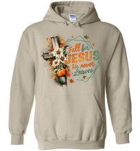 Load image into Gallery viewer, Christian Fall Hoodie Fall For Jesus He Never Leaves sand