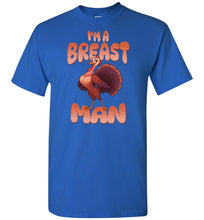 Load image into Gallery viewer, Blue t-shirt with a turkey graphic and text on a white background