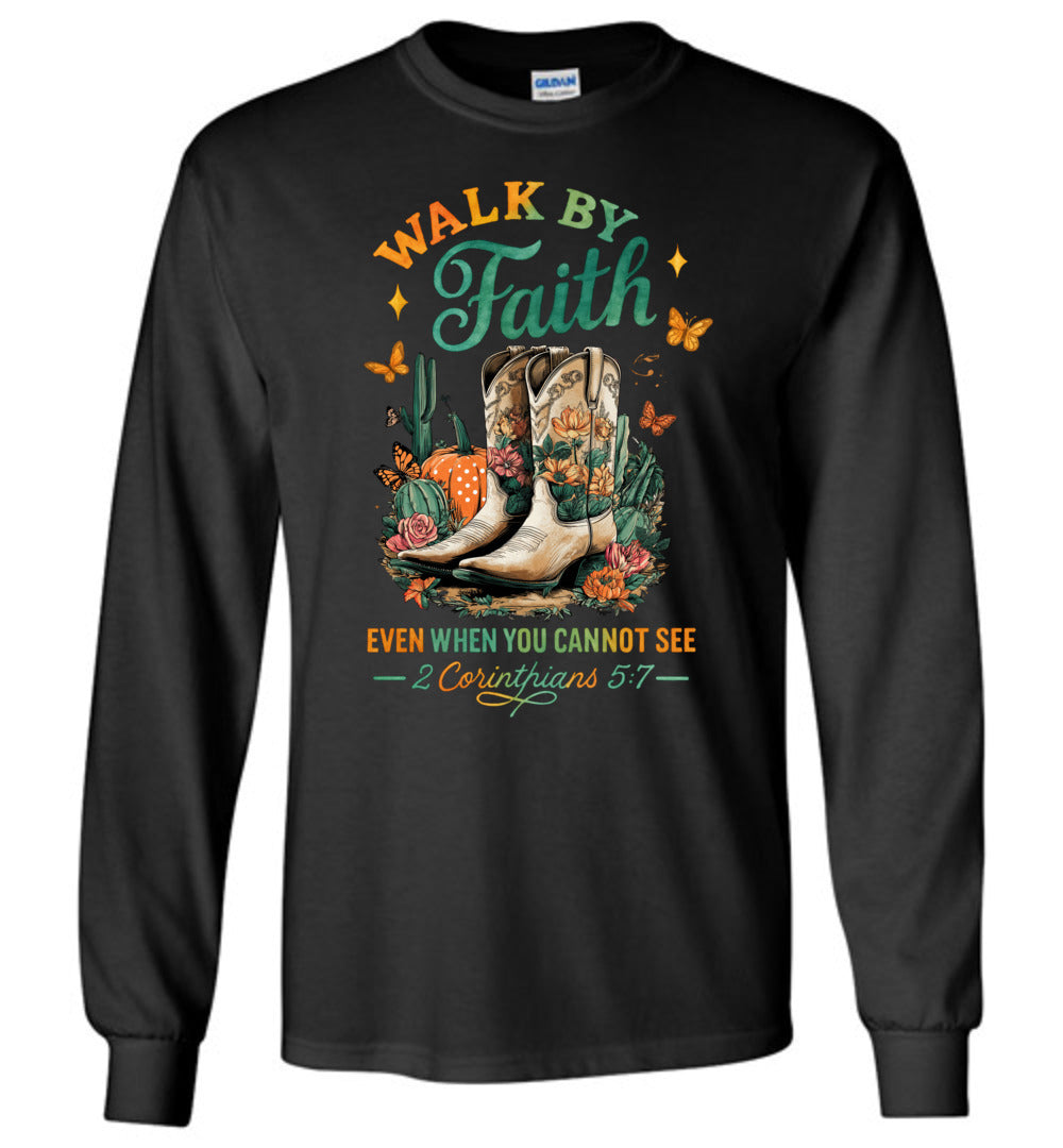 Christian Fall LS Tee Walk By Faith Cowgirl Boot Design black
