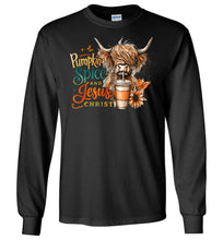 Load image into Gallery viewer, Christian Fall LS Tee, Pumpkin Spice And Jesus Christ Highland Cow Long Sleeve Shirt black