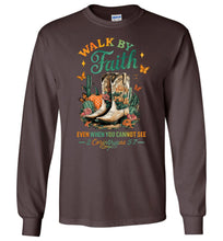 Load image into Gallery viewer, Christian Fall LS Tee Walk By Faith Cowgirl Boot Design brown
