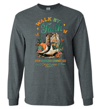 Load image into Gallery viewer, Christian Fall LS Tee Walk By Faith Cowgirl Boot Design grey