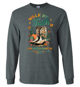 Christian Fall LS Tee Walk By Faith Cowgirl Boot Design grey