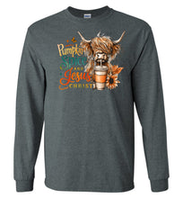Load image into Gallery viewer, Christian Fall LS Tee, Pumpkin Spice And Jesus Christ Highland Cow Long Sleeve Shirt grey