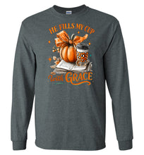 Load image into Gallery viewer, Christian Fall LS Tshirt He Fill My Cup With Grace grey