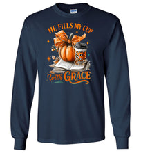 Load image into Gallery viewer, Christian Fall LS Tshirt He Fill My Cup With Grace navy