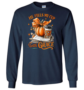 Christian Fall LS Tshirt He Fill My Cup With Grace navy