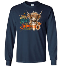 Load image into Gallery viewer, Christian Fall LS Tee, Pumpkin Spice And Jesus Christ Highland Cow Long Sleeve Shirt navy