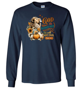 Christian Fall LS Tshirt God Within Her She Will Not Fall Psalms 46:5 navy
