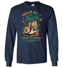 Load image into Gallery viewer, Christian Fall LS Tee Walk By Faith Cowgirl Boot Design navy