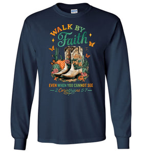 Christian Fall LS Tee Walk By Faith Cowgirl Boot Design navy