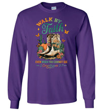 Load image into Gallery viewer, Christian Fall LS Tee Walk By Faith Cowgirl Boot Design purple
