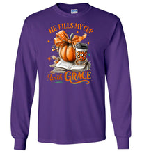Load image into Gallery viewer, Christian Fall LS Tshirt He Fill My Cup With Grace purple