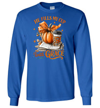 Load image into Gallery viewer, Christian Fall LS Tshirt He Fill My Cup With Grace royal