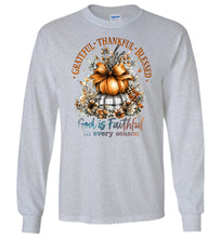 Load image into Gallery viewer, Christian Fall LS T-shirt Grateful Thankful Blessed sports grey