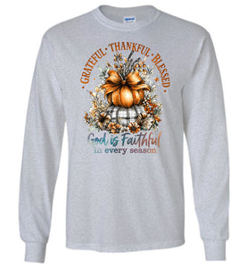 Christian Fall LS T-shirt Grateful Thankful Blessed sports grey