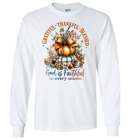 Christian Fall LS T-shirt Grateful Thankful Blessed white
