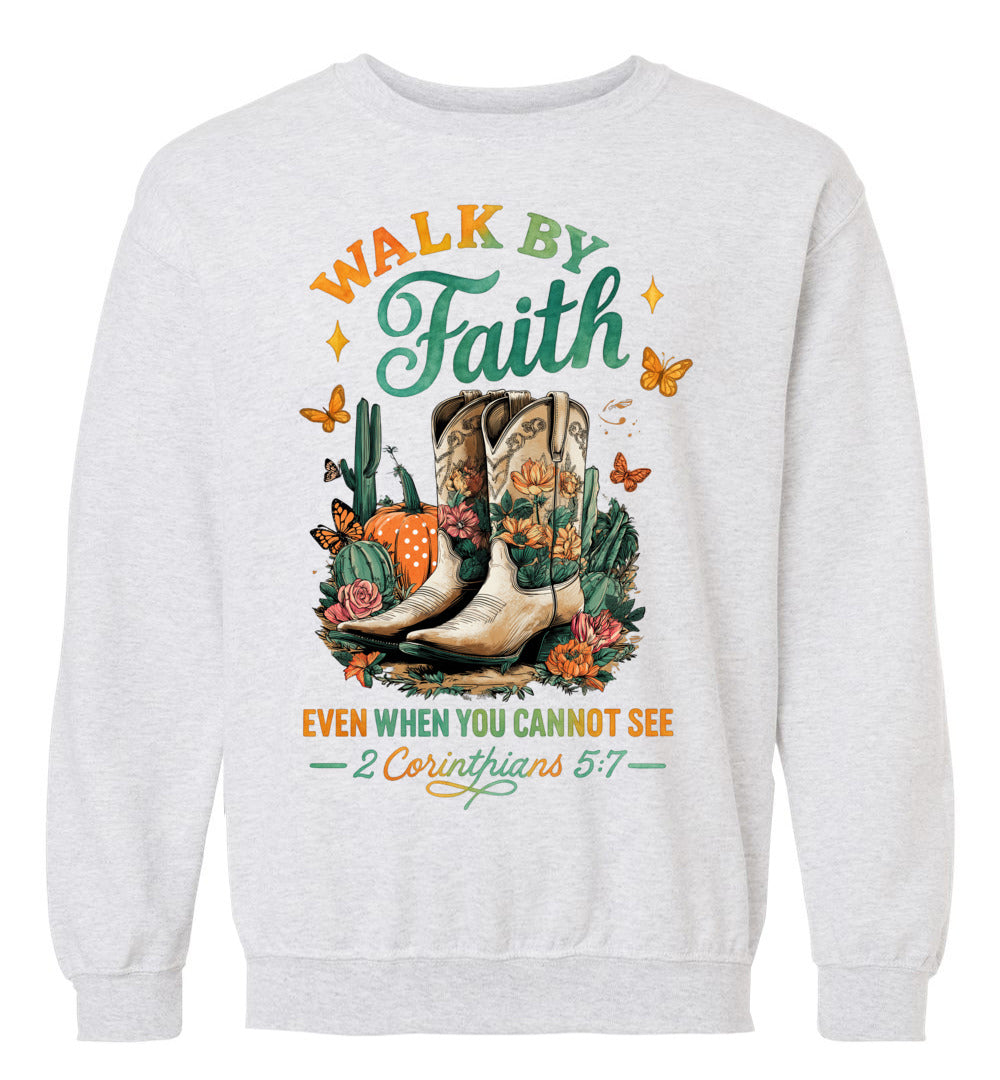 Christian Fall Sweatshirt Walk By Faith Cowgirl Boot Design ash