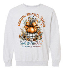 Load image into Gallery viewer, Christian Fall Sweatshirt Grateful Thankful Blessed ash