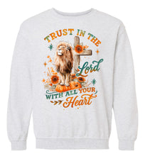 Load image into Gallery viewer, Gray sweatshirt with a lion, cross, and text design on a white background