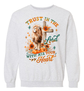 Gray sweatshirt with a lion, cross, and text design on a white background