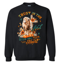 Load image into Gallery viewer, Black sweatshirt with a lion, cross, and floral design on a white background