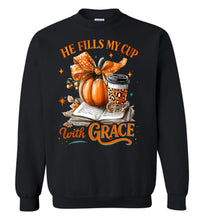 Load image into Gallery viewer, Christian Fall Sweatshirt He Fill My Cup With Grace black