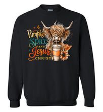Load image into Gallery viewer, Christian Fall Sweatshirt, Pumpkin Spice And Jesus Christ Highland Cow Shirt black