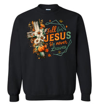 Load image into Gallery viewer, Christian Fall Sweatshirt Fall For Jesus He Never Leaves black
