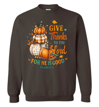 Load image into Gallery viewer, Brown sweatshirt with pumpkins and text design on a white background