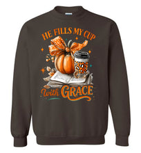 Load image into Gallery viewer, Christian Fall Sweatshirt He Fill My Cup With Grace brown