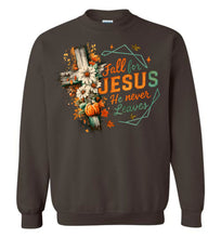 Load image into Gallery viewer, Christian Fall Sweatshirt Fall For Jesus He Never Leaves brown