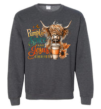 Load image into Gallery viewer, Christian Fall Sweatshirt, Pumpkin Spice And Jesus Christ Highland Cow Shirt grey