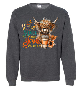 Christian Fall Sweatshirt, Pumpkin Spice And Jesus Christ Highland Cow Shirt grey