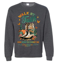 Load image into Gallery viewer, Christian Fall Sweatshirt Walk By Faith Cowgirl Boot Design dark heather
