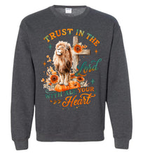 Load image into Gallery viewer, Dark gray sweatshirt with a lion, cross, and floral design on a white background
